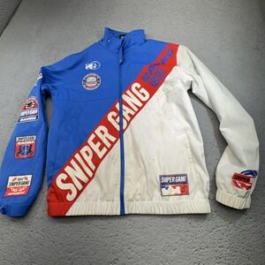 Sniper Gang Racing Jacket Mens Small Blue White Full Zip Windbreaker Patches